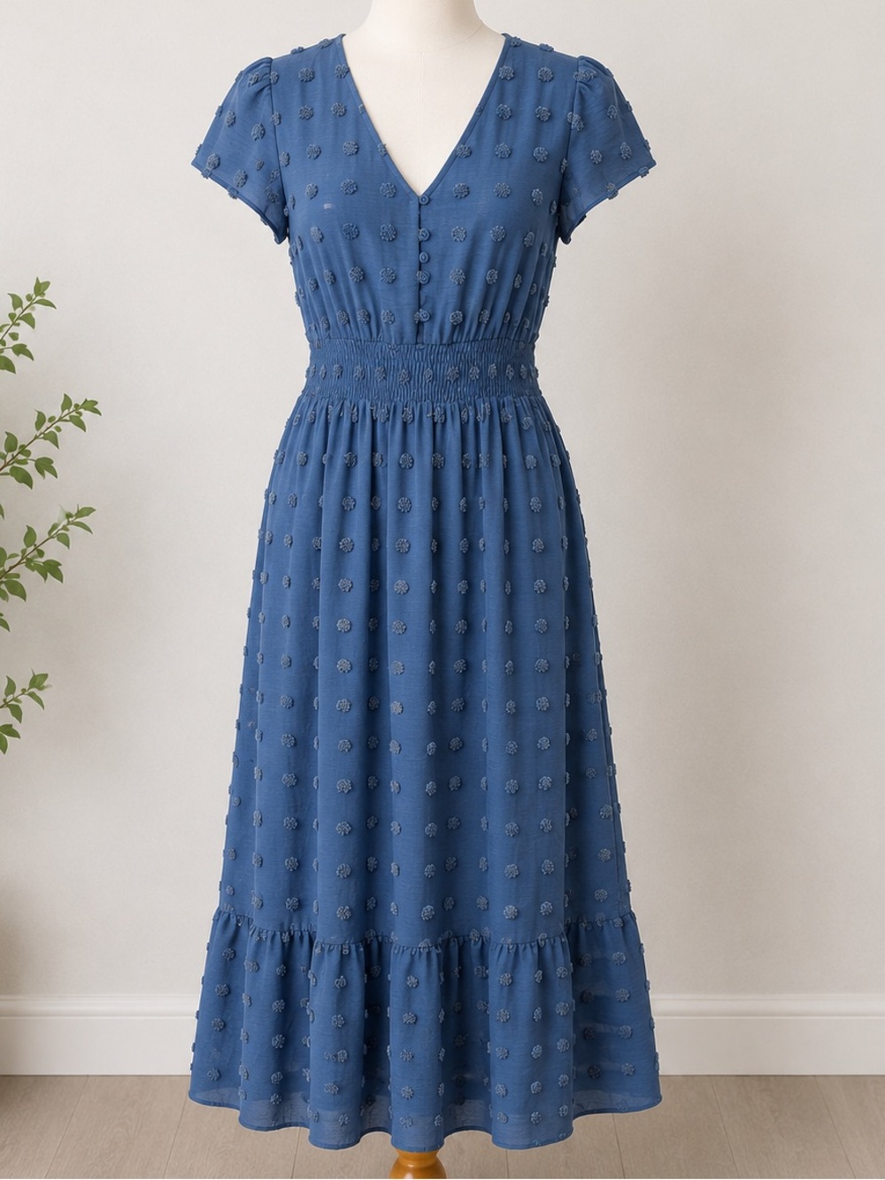 Daniel Rainn Dusty Blue V-Neck Smocked-Waist Maxi Dress